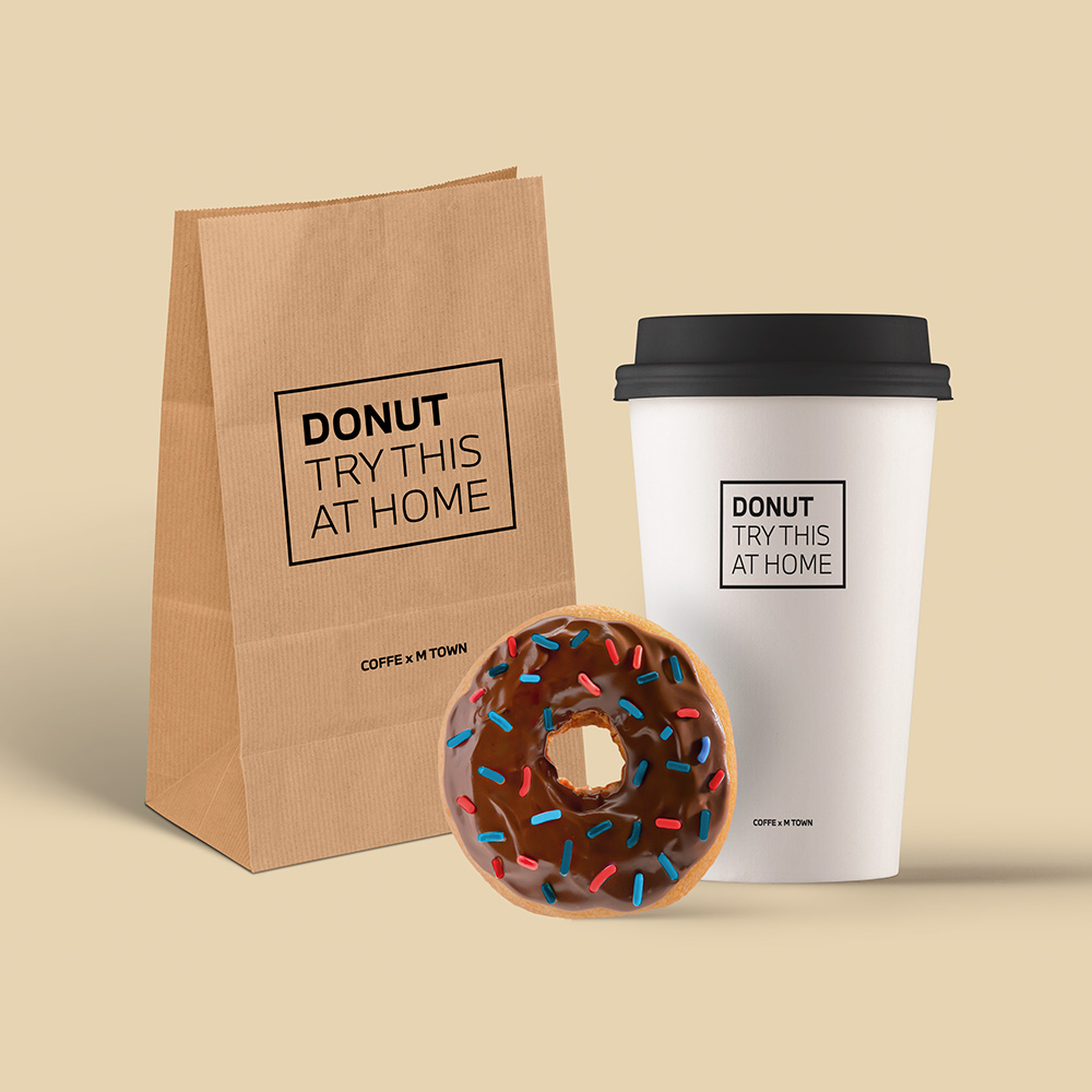 Donut Try This At Home coffee cup and bag with donut prop