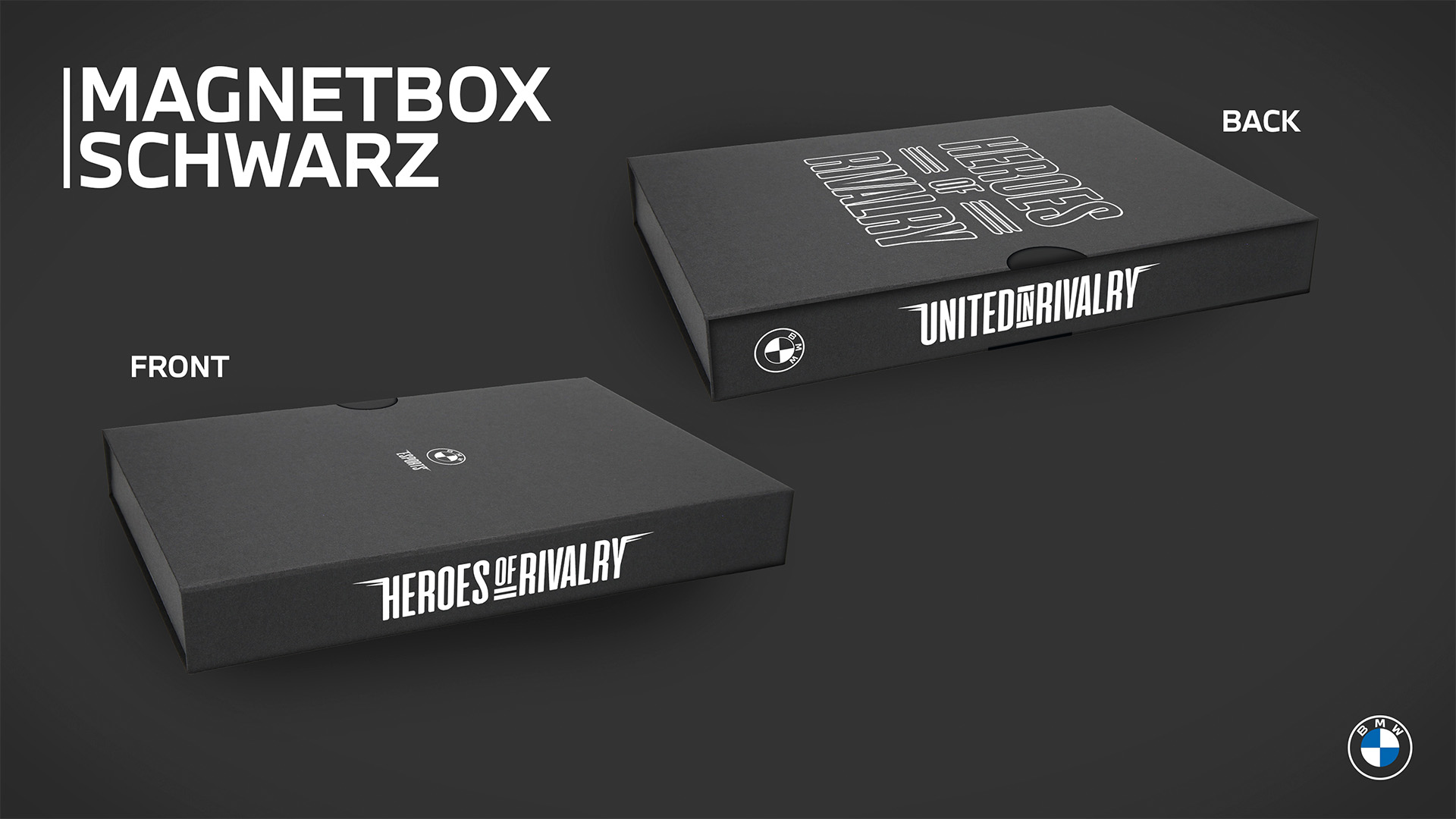 Black magnetbox packaging showing front and back design with Heroes of Rivalry branding
