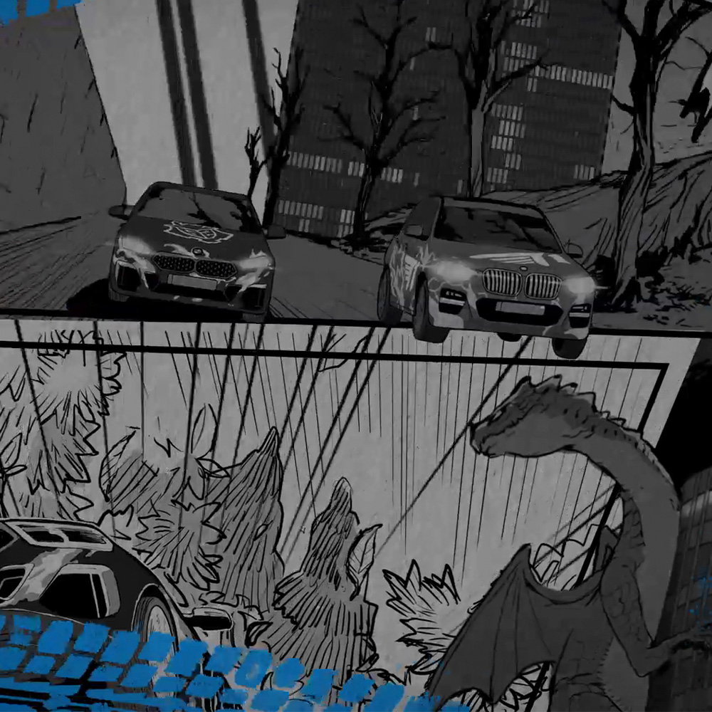 Black and white manga artwork showing BMW cars racing through dramatic action scenes