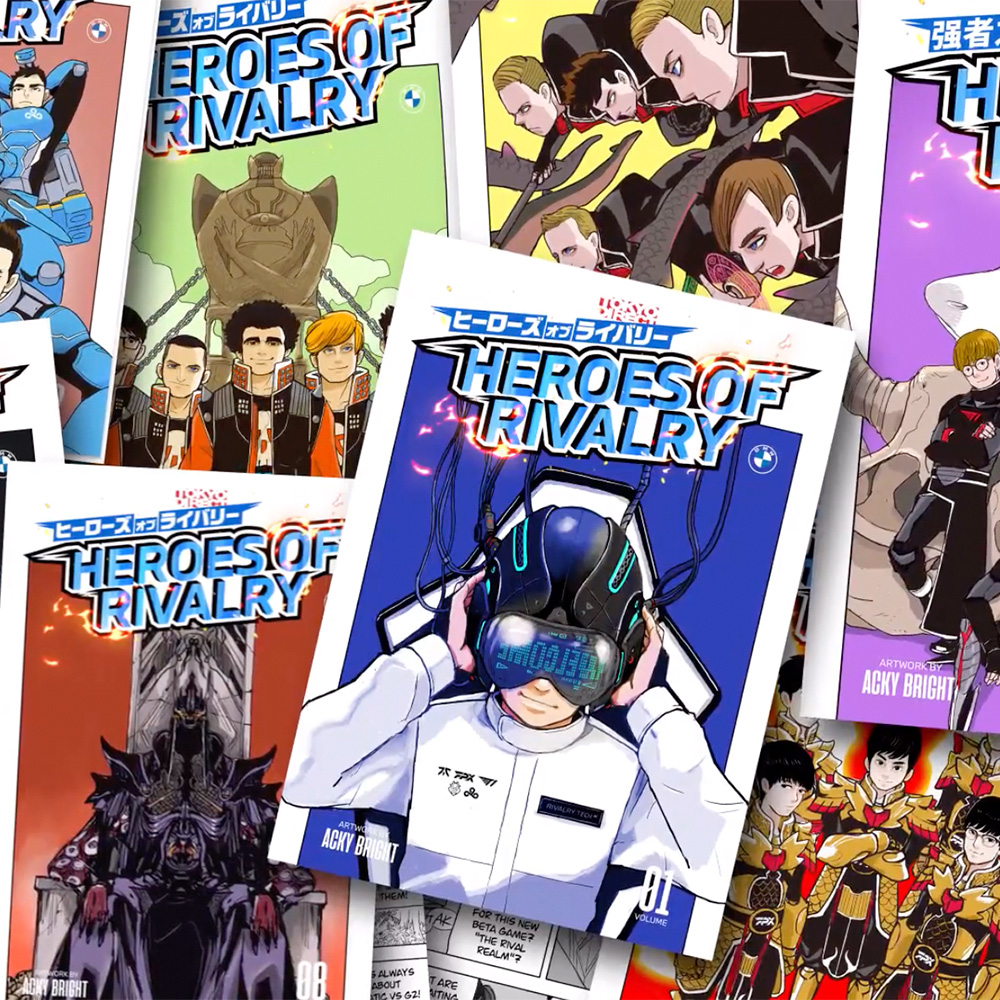 All six manga episode covers featuring different esports teams G2, Fnatic, Cloud9, FPX and T1