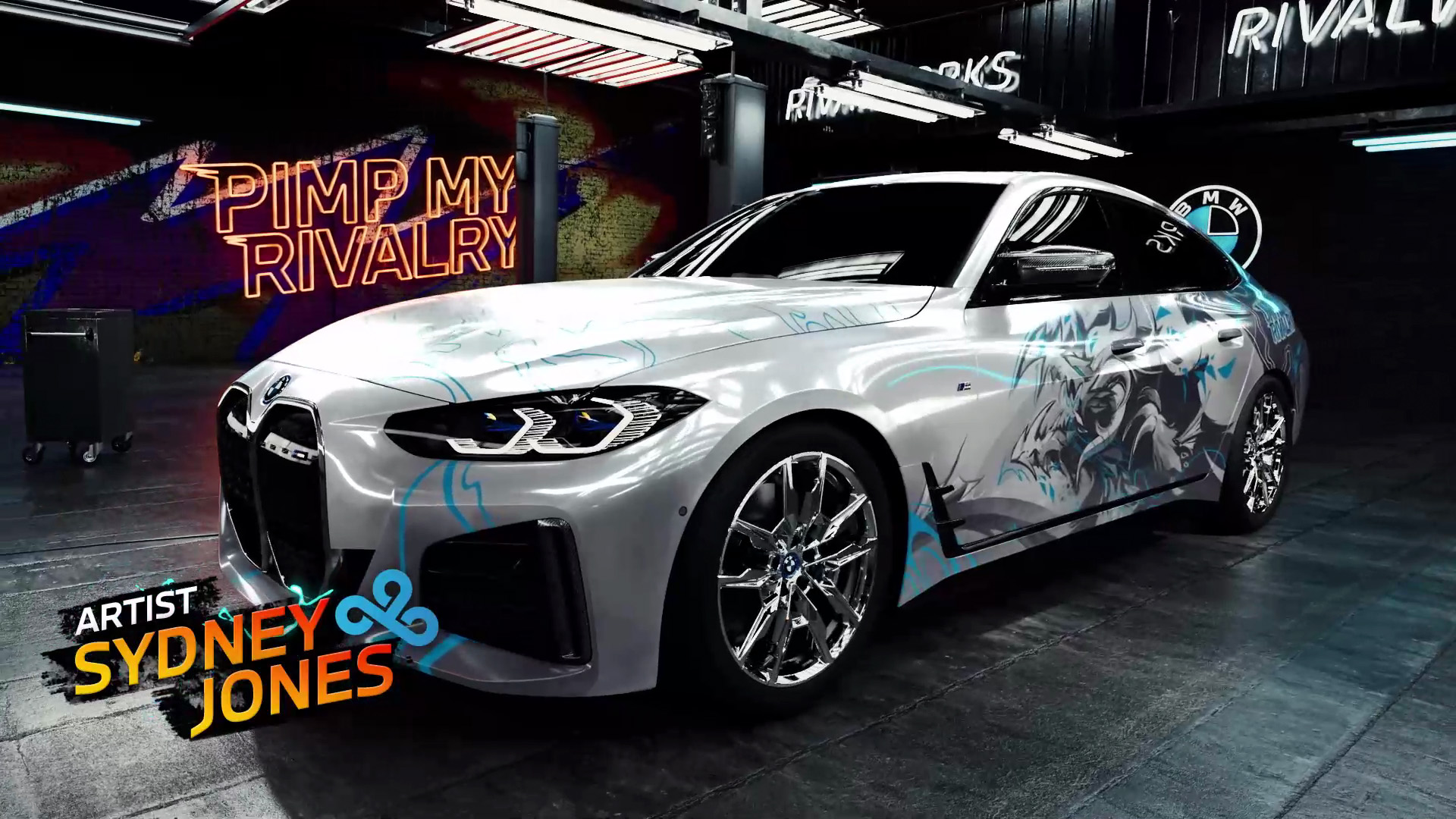 Cloud9 team car design - white BMW with blue cloud artwork by Sydney Jones
