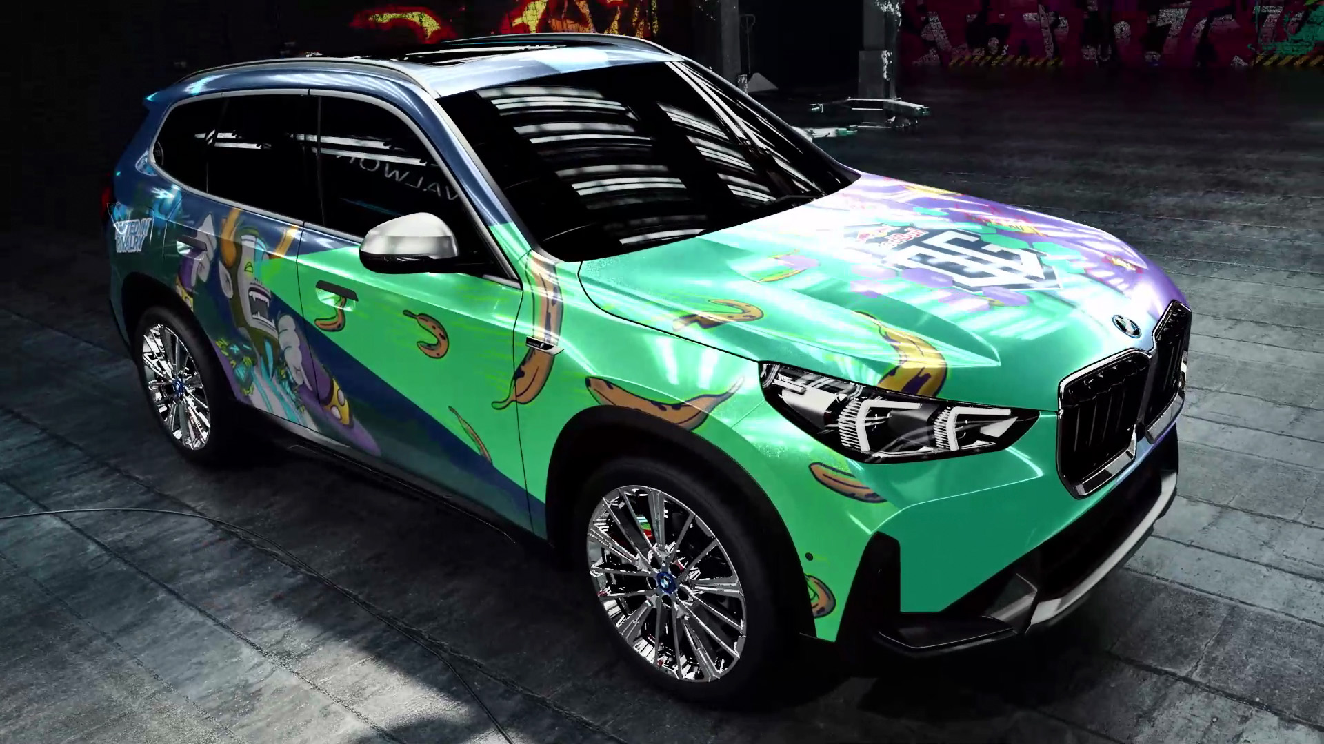 OG team car design - turquoise BMW with colorful cartoon artwork