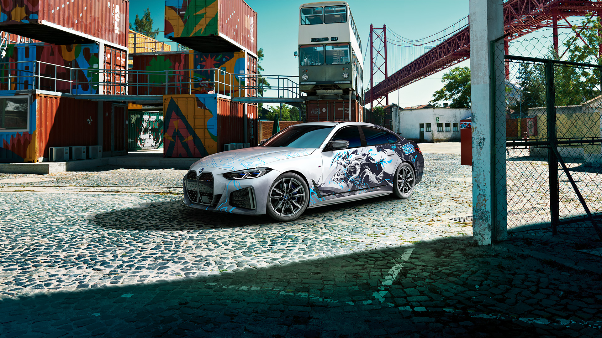 Cloud9 team car in colorful container yard setting