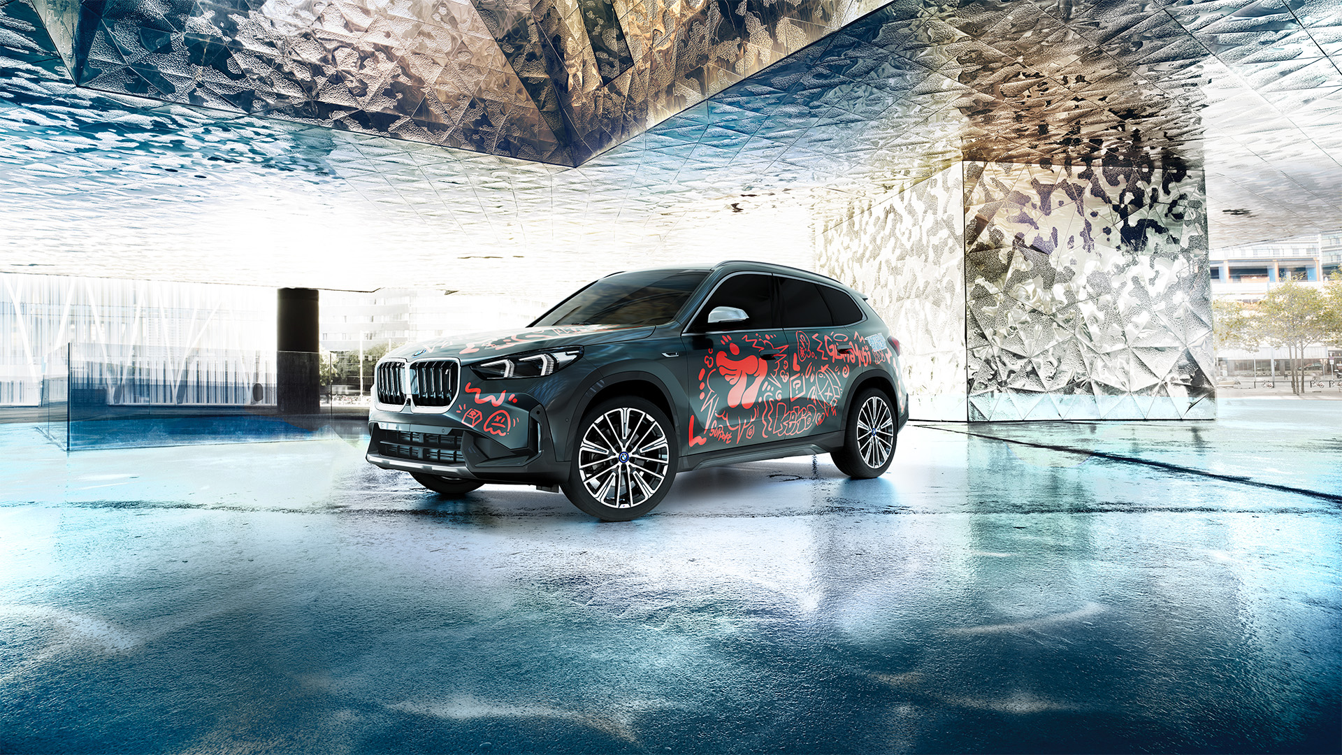 T1 team car in industrial warehouse setting with graffiti